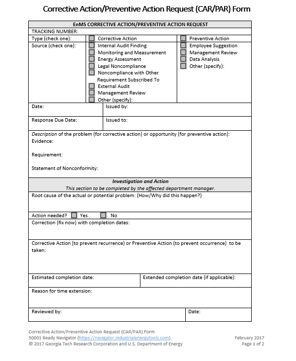 Contoh Formulir Corrective/Preventive Action Request