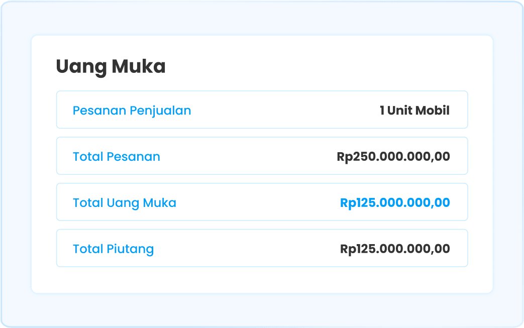 Ilustrasi fitur uang muka/down payment di software Ukirama ERP